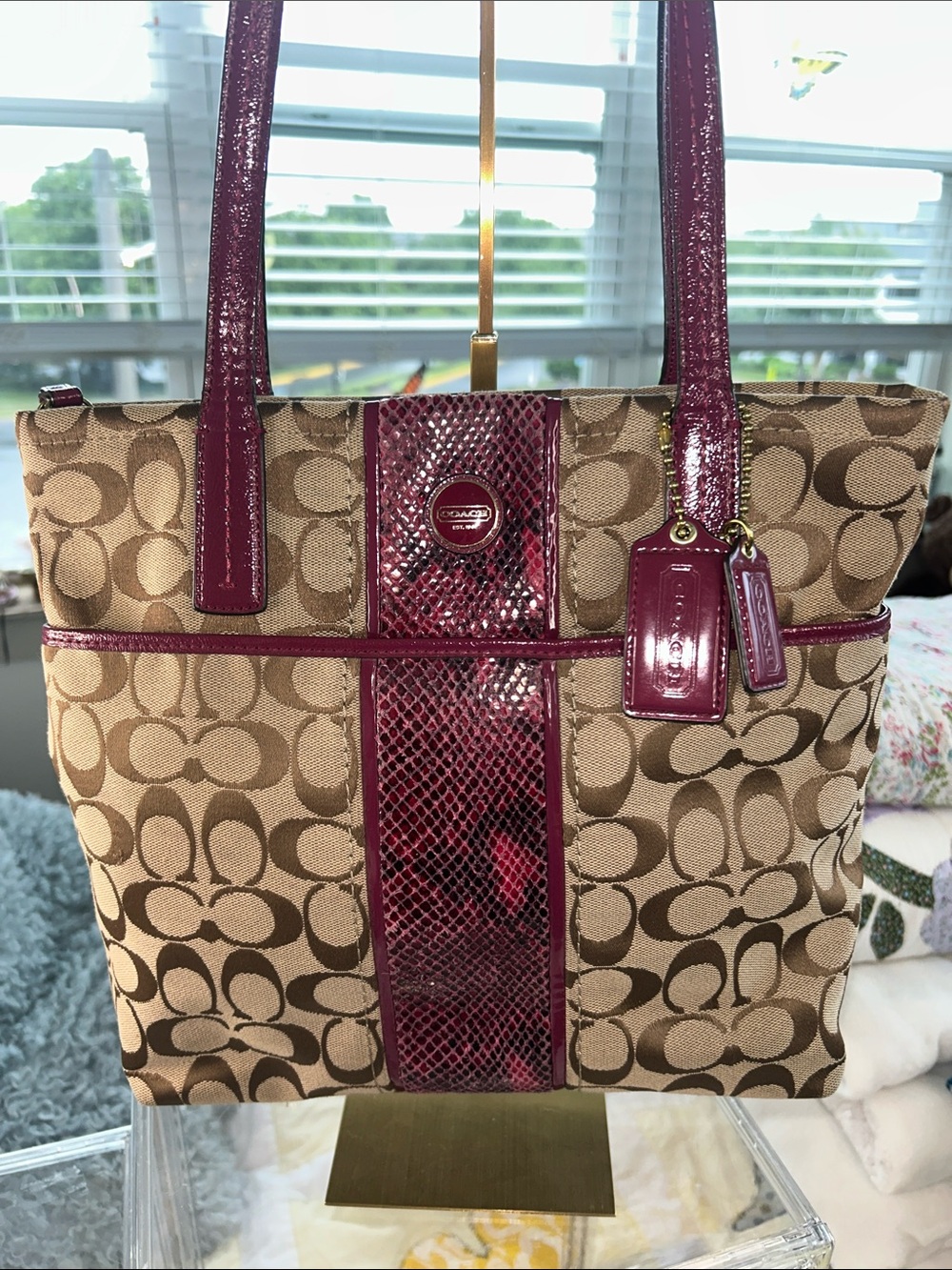 Coach Tan Signature Tote with Plum Patent Python Stripe 10.5”x 3.5”x 10.75” EUC - Picture 2 of 8